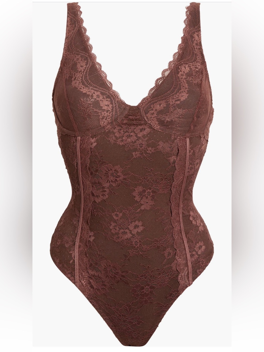 Free People Floral Lace Deep V Bodysuit in Brown Mauve